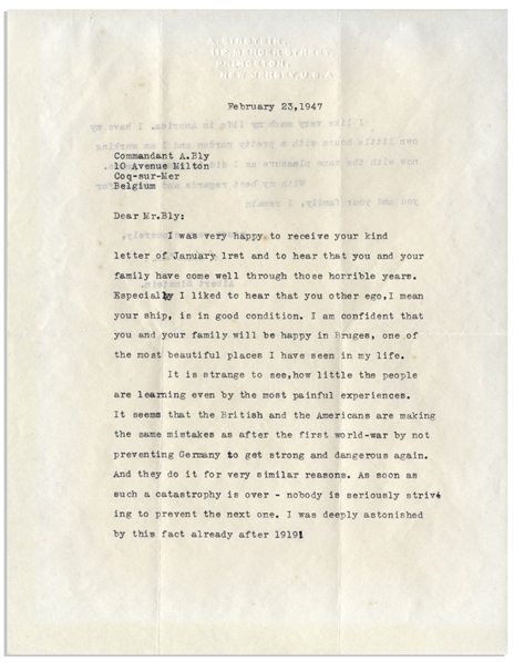 Albert Einstein Letter Signed From 1947 -- ''...the British and the Americans are making the same mistakes as after the first world-war by not preventing Germany to get strong and dangerous again...''